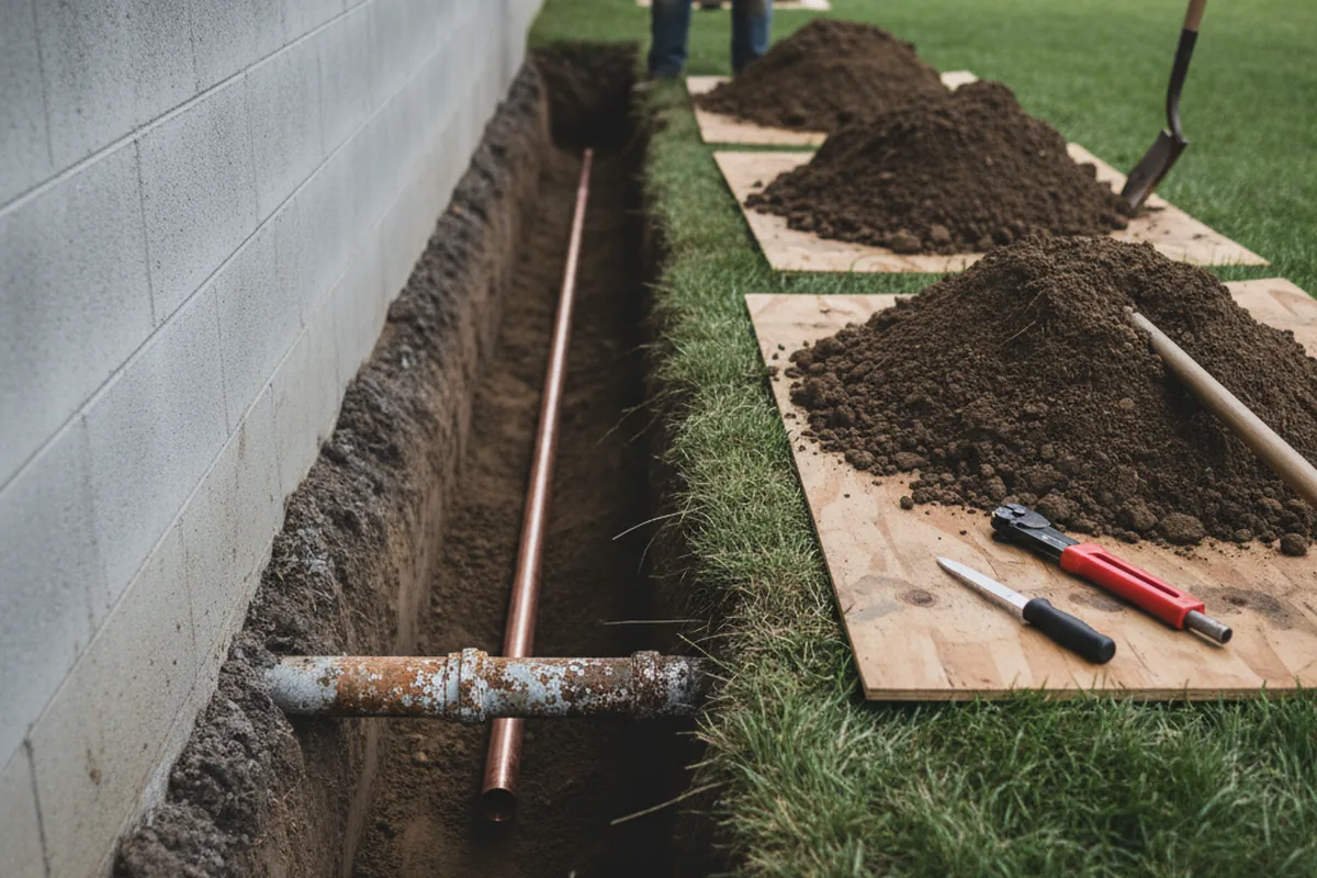 Excavated water line trench during Water Softener Installation in New Providence